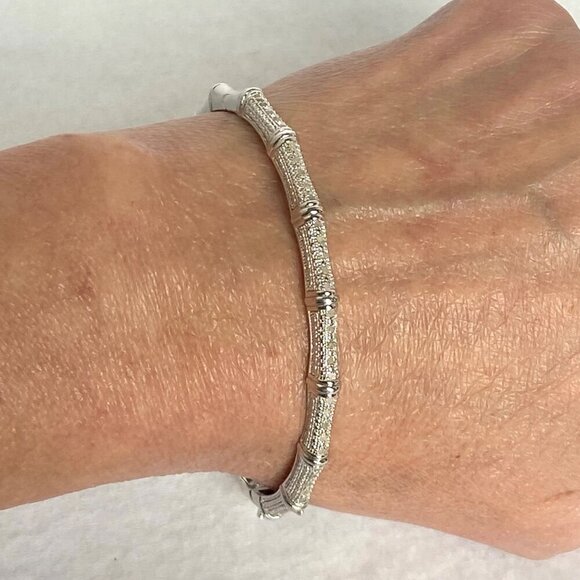 Sterling Silver 925 DBJ Oval Bamboo Hinged Diamond Bangle Bracelet Sz 7.25" - Picture 6 of 16